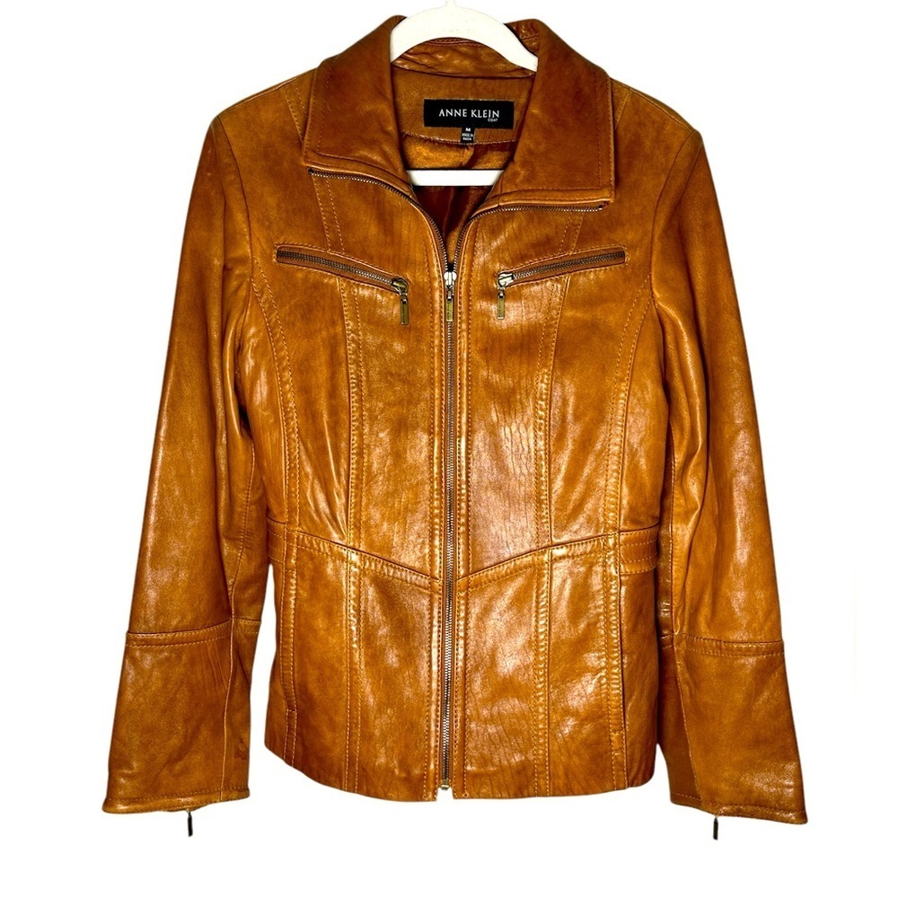Vintage Anne Klein Longer Line Camel Faux Belted Leather Jacket Sz M